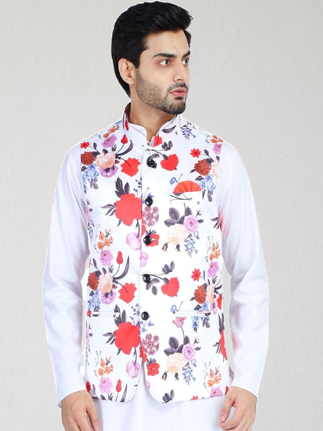 

TAHVO Men White & Red Printed Nehru Jackets