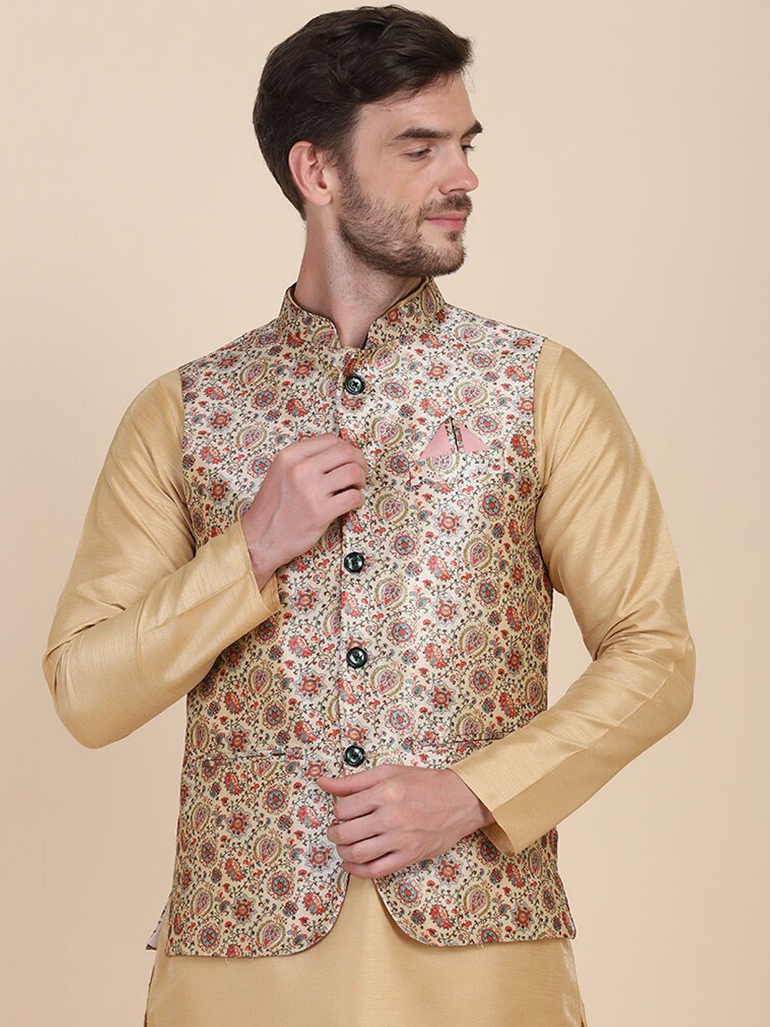 

TAHVO Men Gold Printed Woven Nehru Jacket