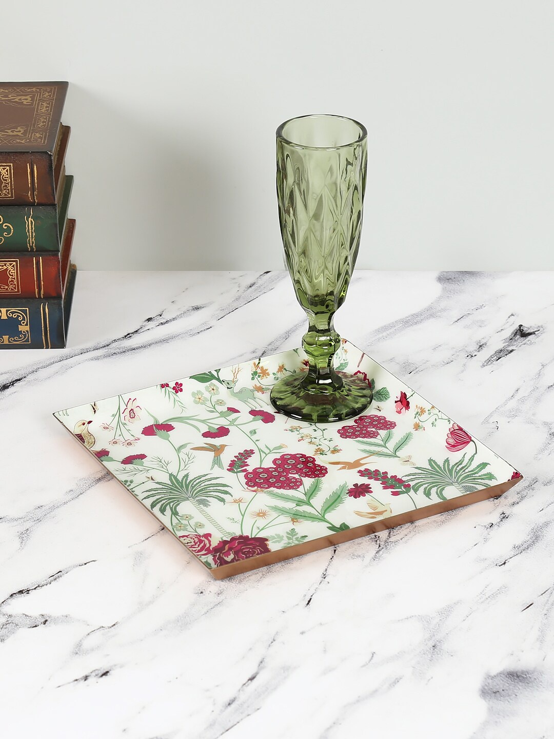 

India Circus by Krsnaa Mehta White & Green Floral Printed Tray