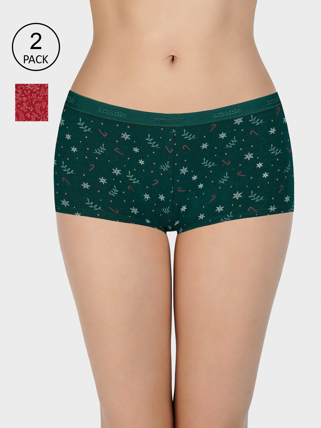 

Amante Women Pack of 2 Printed Low-Rise Boy Shorts PPK62101, Green