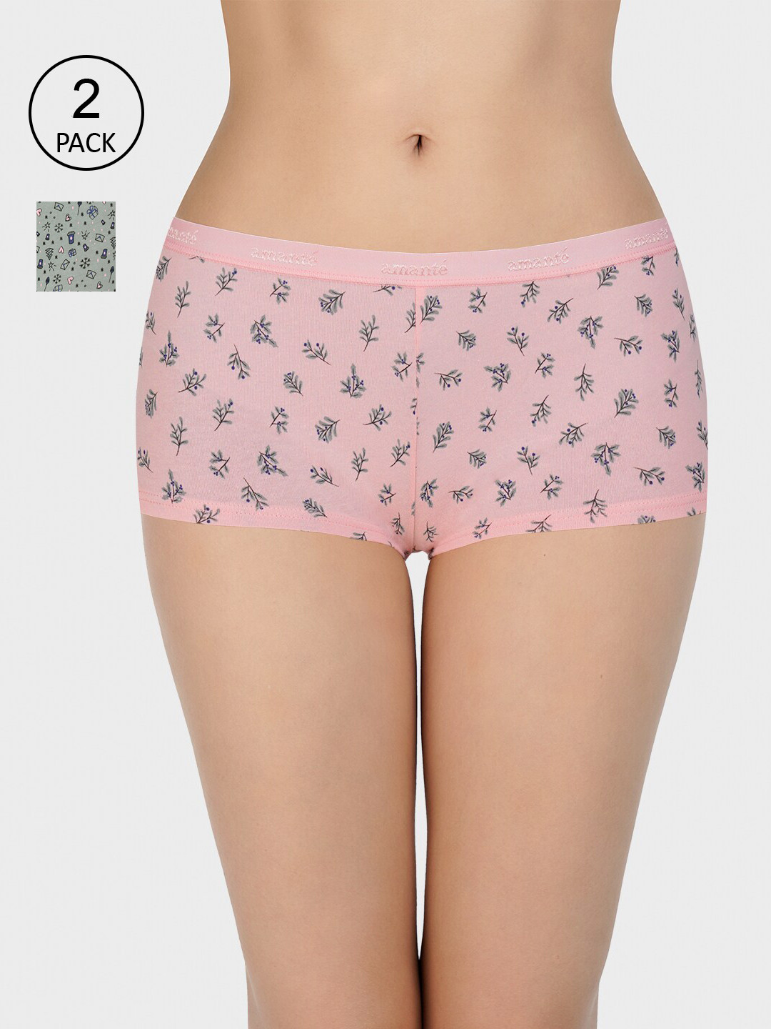 

Amante Women Printed Pack of 2 Low Rise Boyshorts- PPK62101, Grey