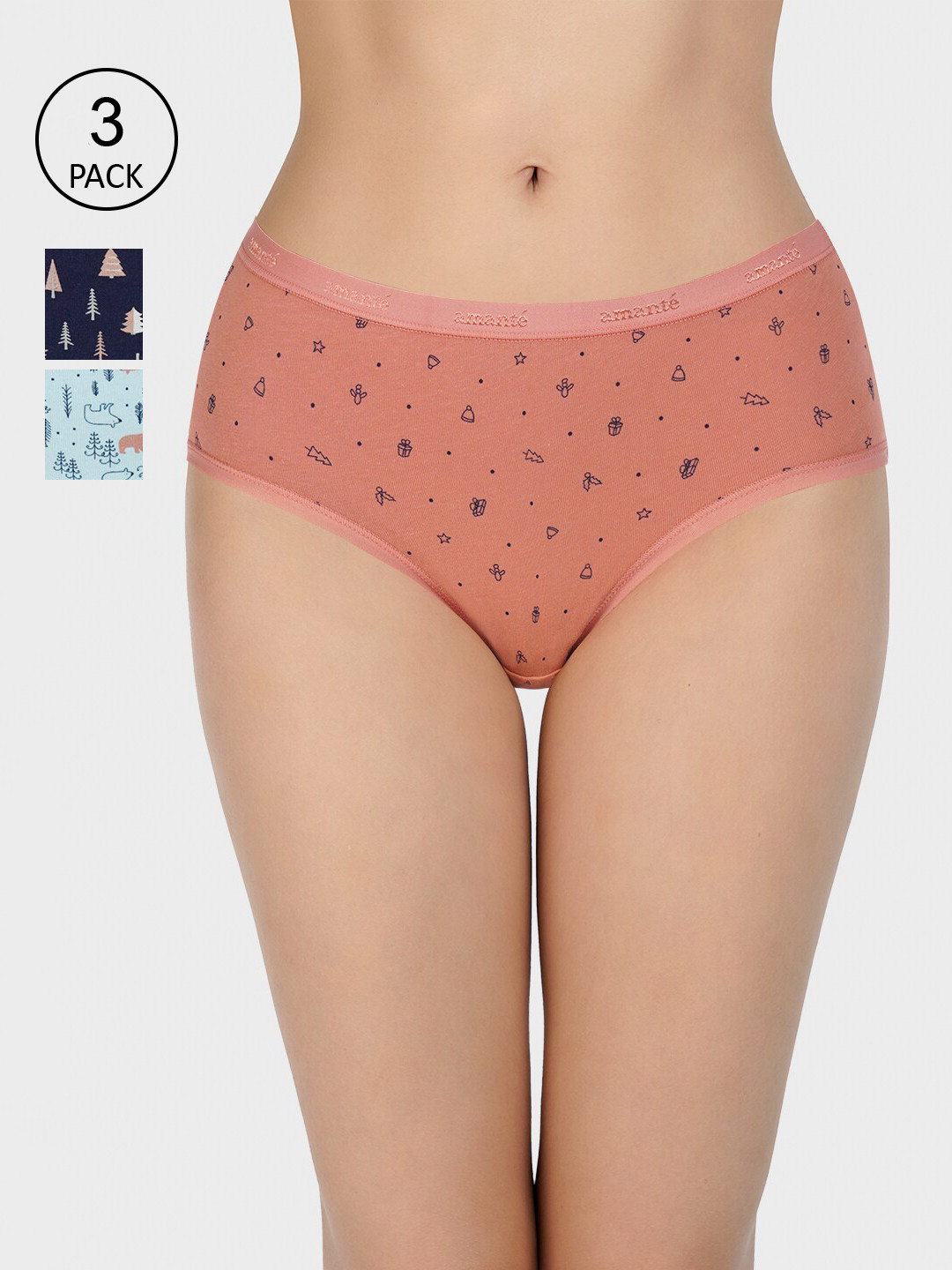 

Amante Women Pack Of 3 Printed Hipster Briefs, Navy blue
