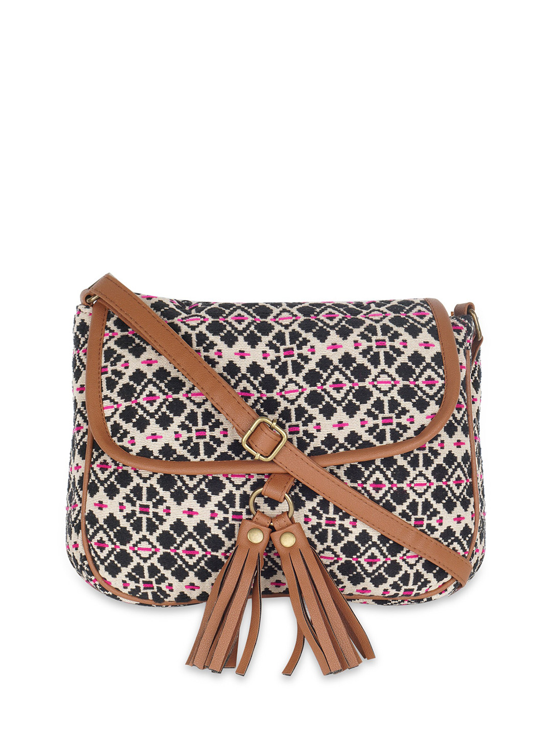 

Kanvas Katha Multicoloured Ethnic Motifs Structured Sling Bag with Tasselled, Multi