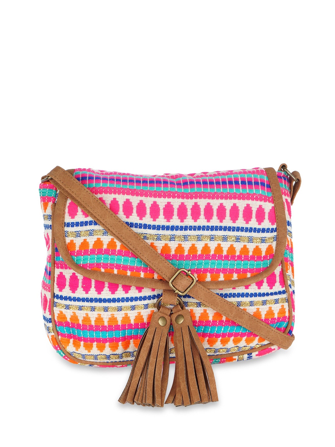 

Kanvas Katha Multicoloured Geometric Bucket Sling Bag with Fringed, Multi