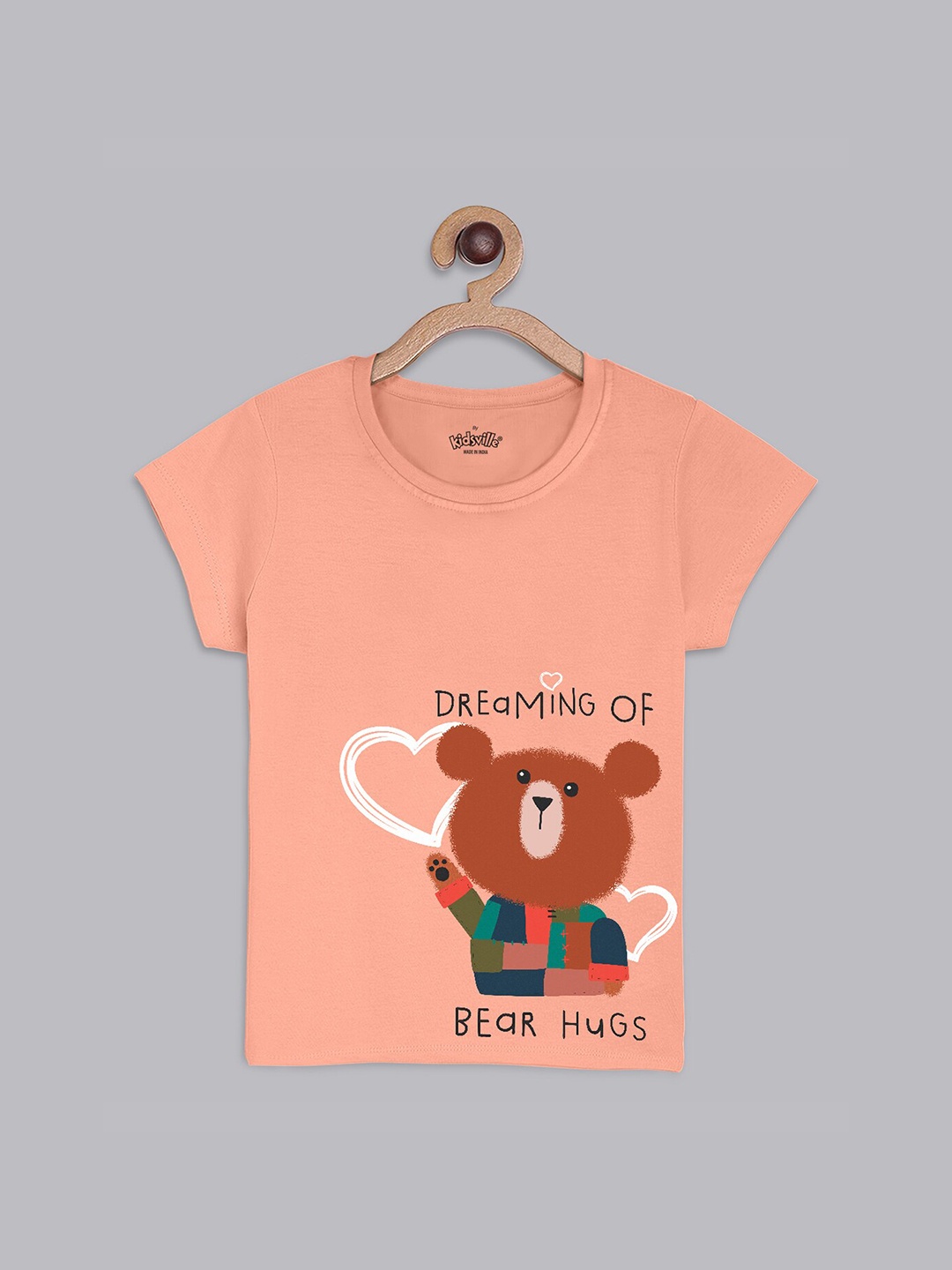 

Kids Ville Girls Peach-Colored & Brown Printed Pure Cotton T-shirt