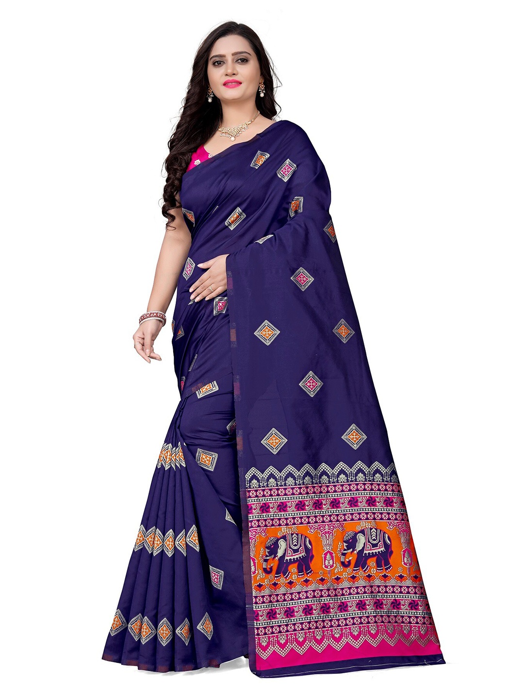 

KALINI Blue & Magenta Ethnic Motifs Zari Silk Blend Banarasi Saree