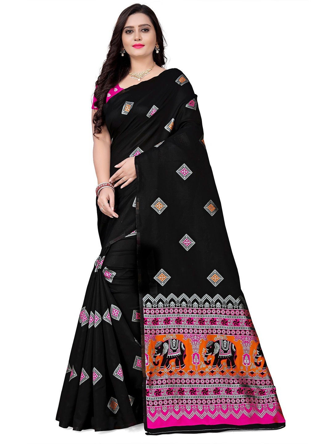 

KALINI Black & Magenta Ethnic Motifs Zari Silk Blend Banarasi Saree