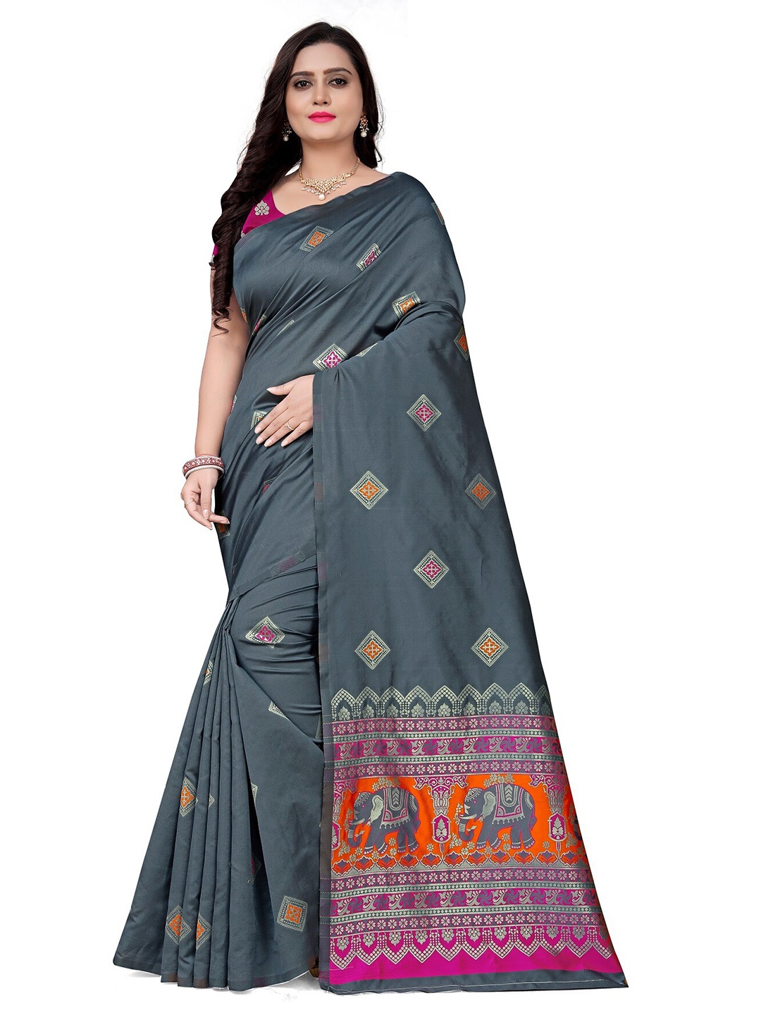 

KALINI Grey & Gold-Toned Woven Design Zari Silk Blend Banarasi Saree