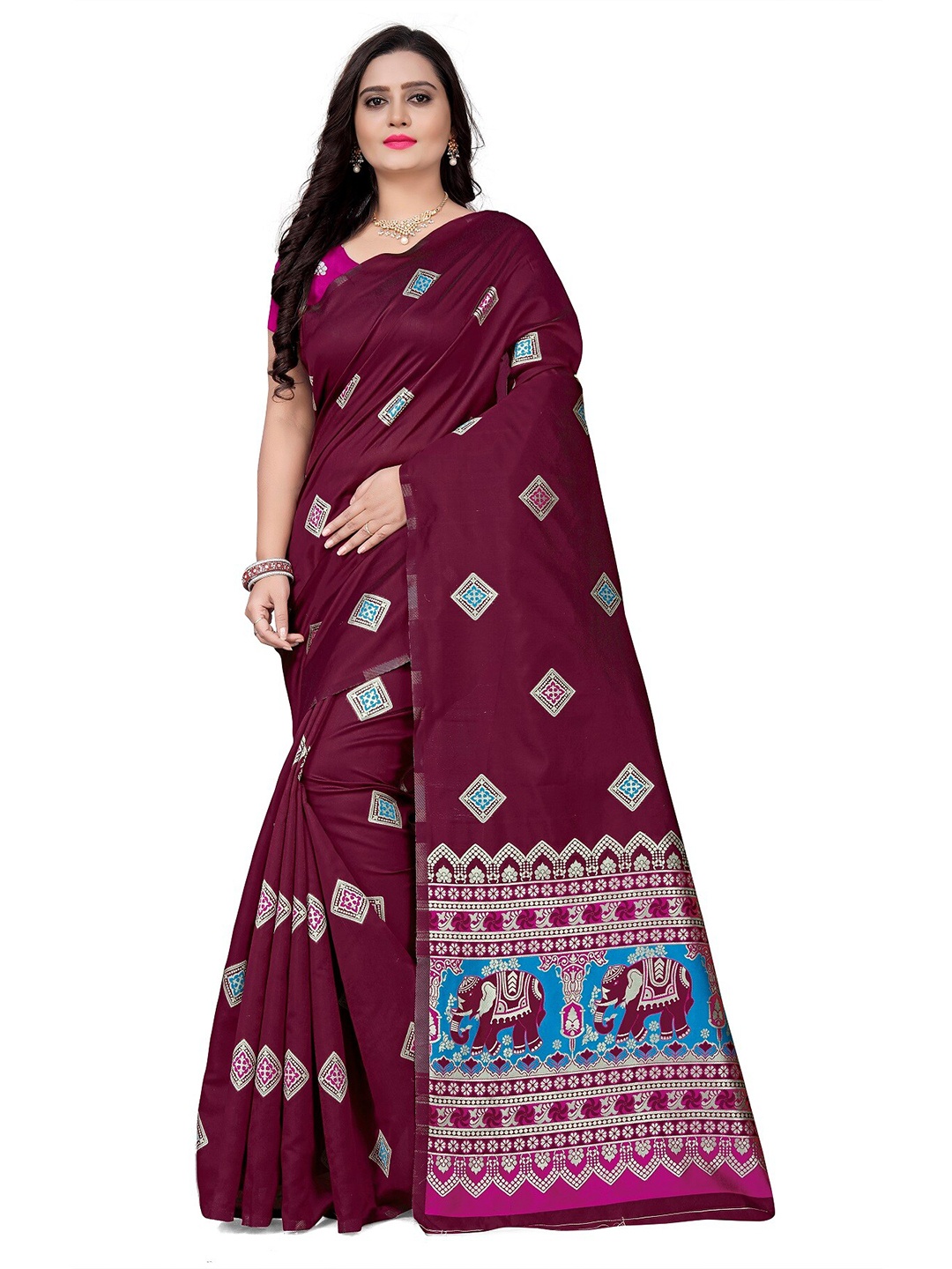 

KALINI Maroon & Blue Ethnic Motifs Zari Silk Blend Banarasi Saree