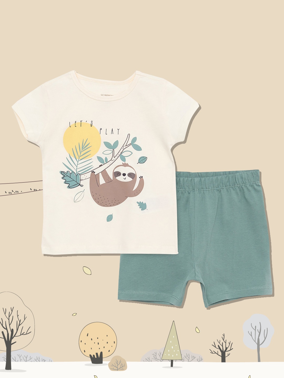 

LC Waikiki Boys Cream-Coloured & Green Printed Pure Cotton Shorts Set