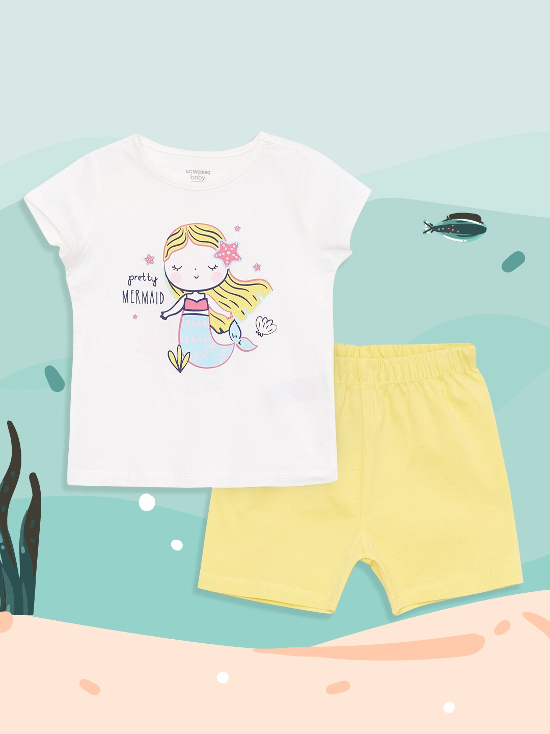 

LC Waikiki Girls White & Yellow Printed Pure Cotton Shorts Set