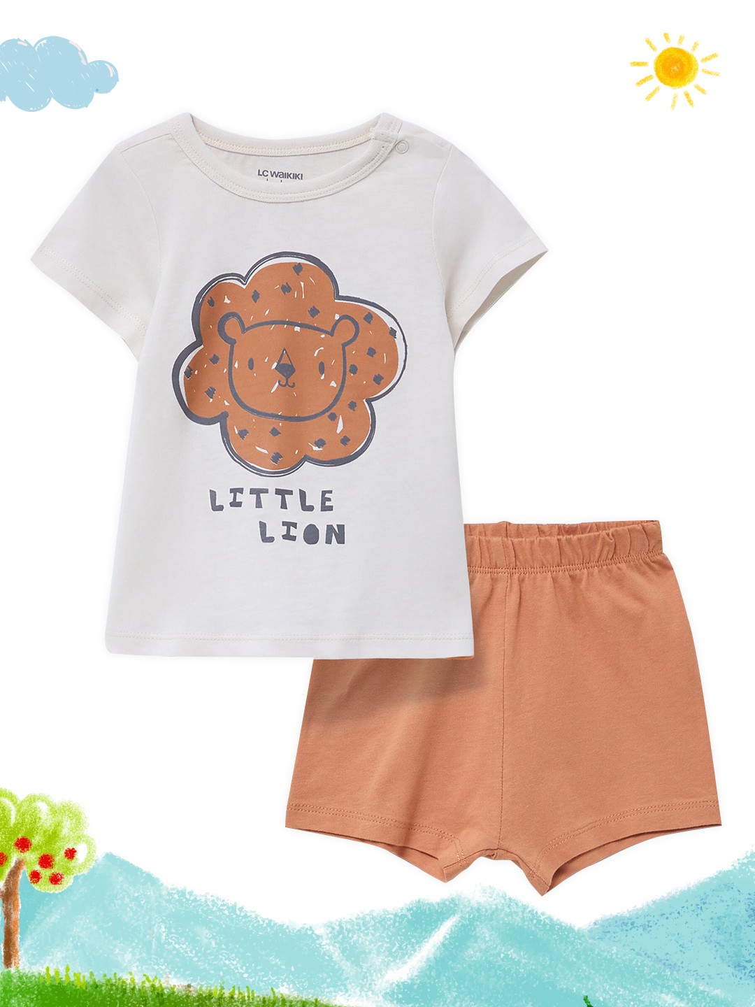 

LC Waikiki Boys Off White & Brown Typography Printed Pure Cotton Shorts Set