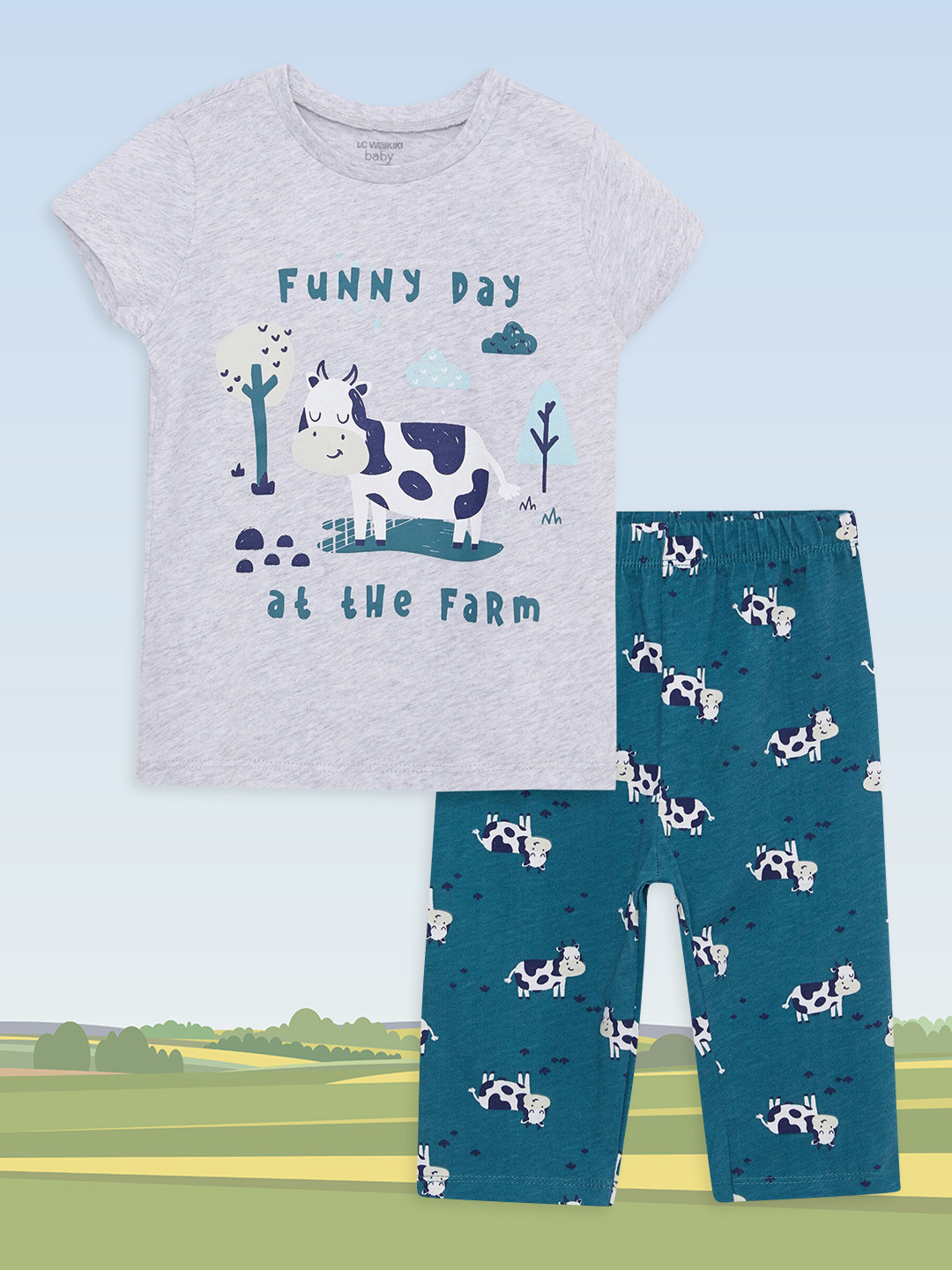 

LC Waikiki Boys Grey Melange & Teal Blue Typography Printed Pure Cotton Pyjamas Set