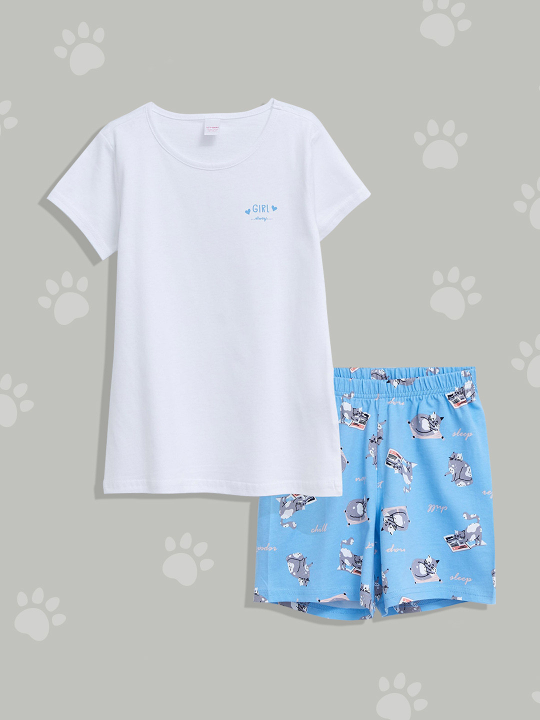 

LC Waikiki Girls White & Blue Solid Pure Cotton Shorts Set