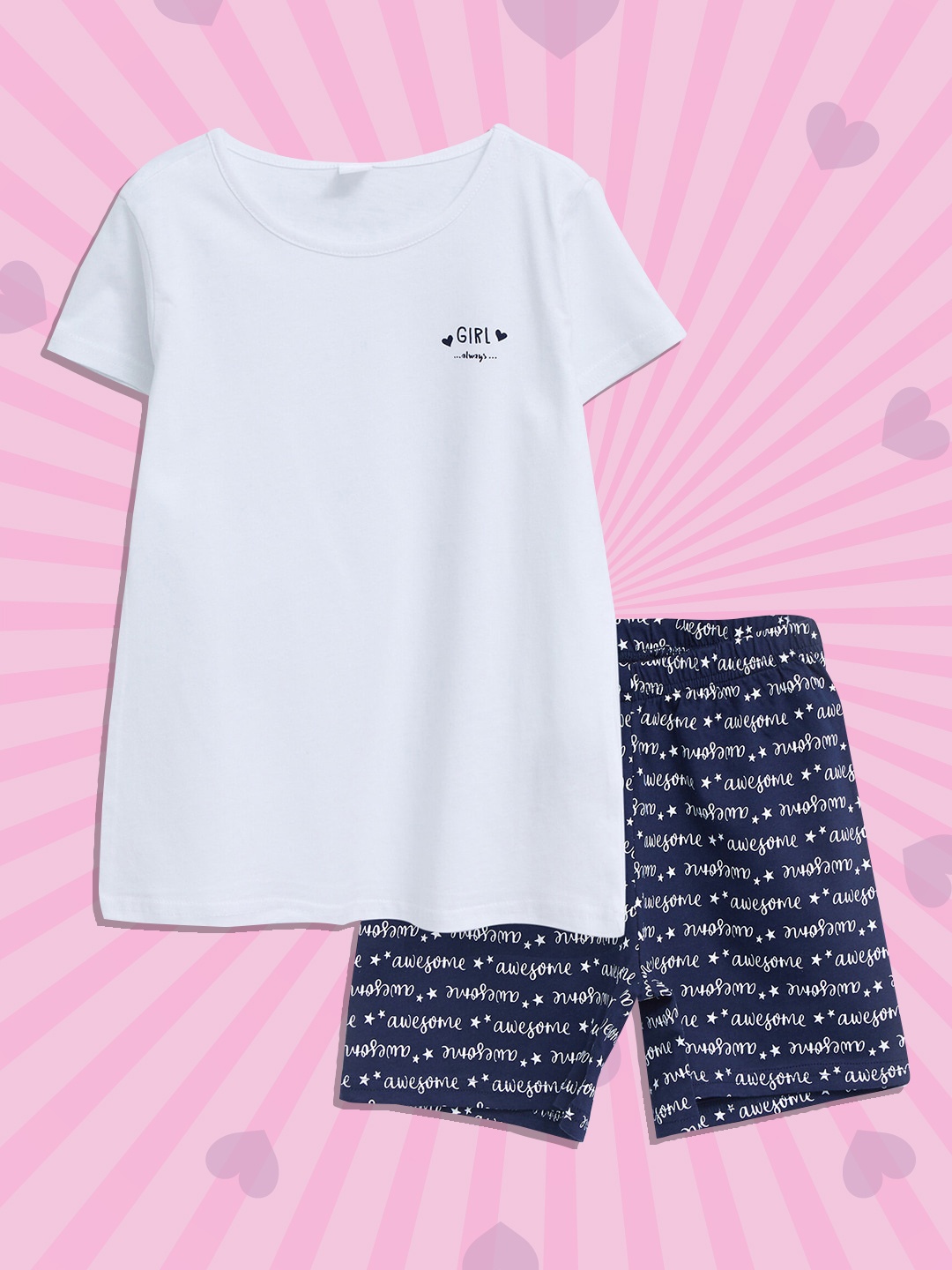 

LC Waikiki Girls White & Navy Blue Solid Pure Cotton Shorts Set