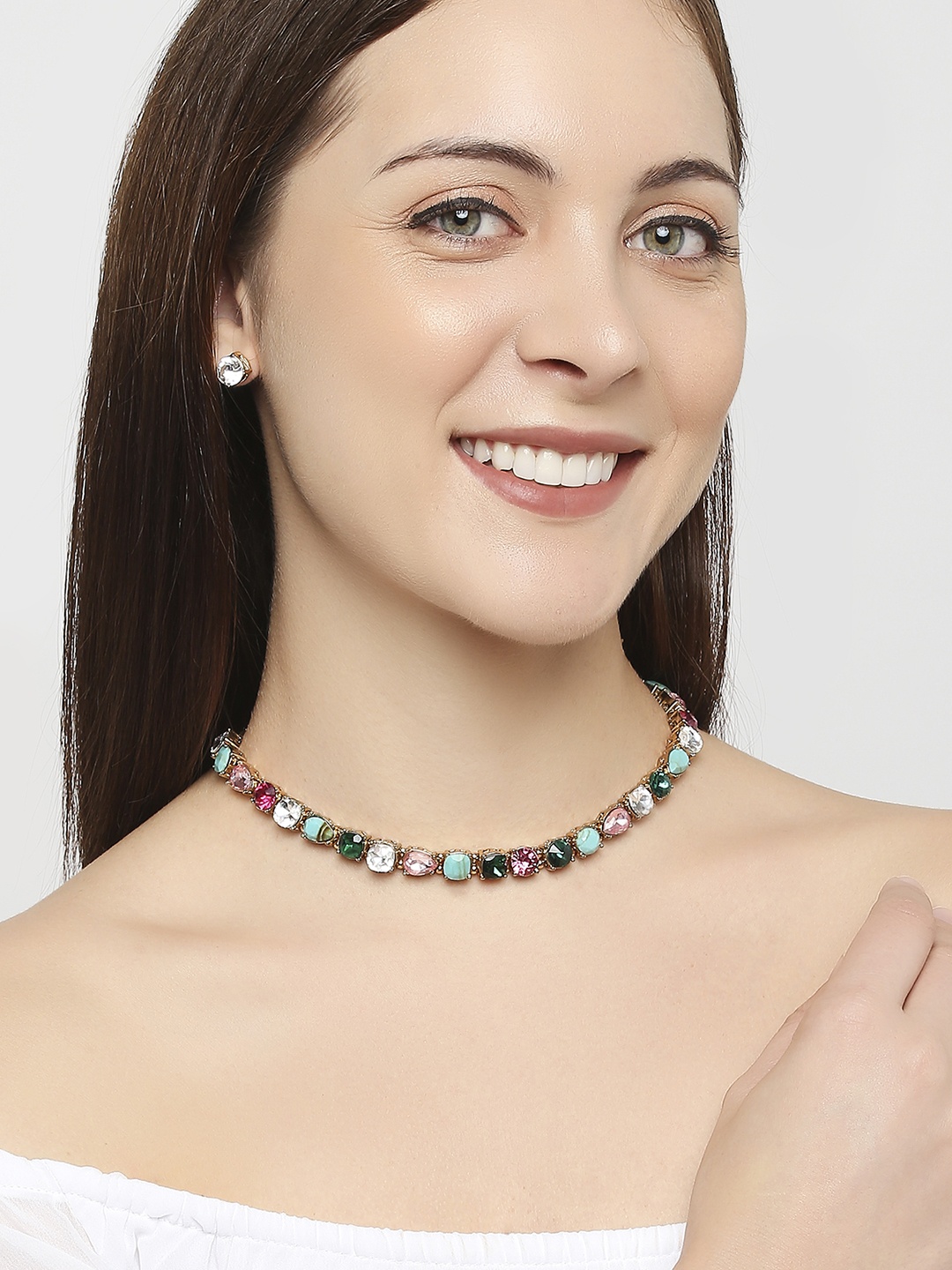 

Lilly & sparkle Gold-Plated White & Green Stone-Studded Jewellery Set