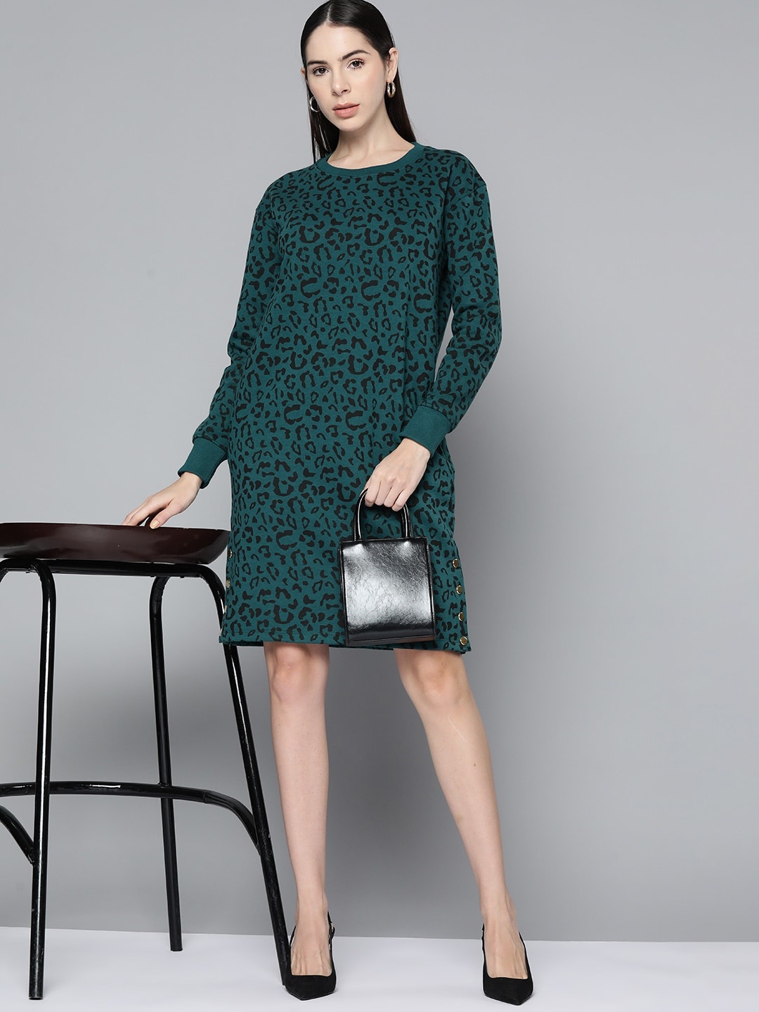 

Chemistry Teal Green Animal Print Button Detail Jumper Dress