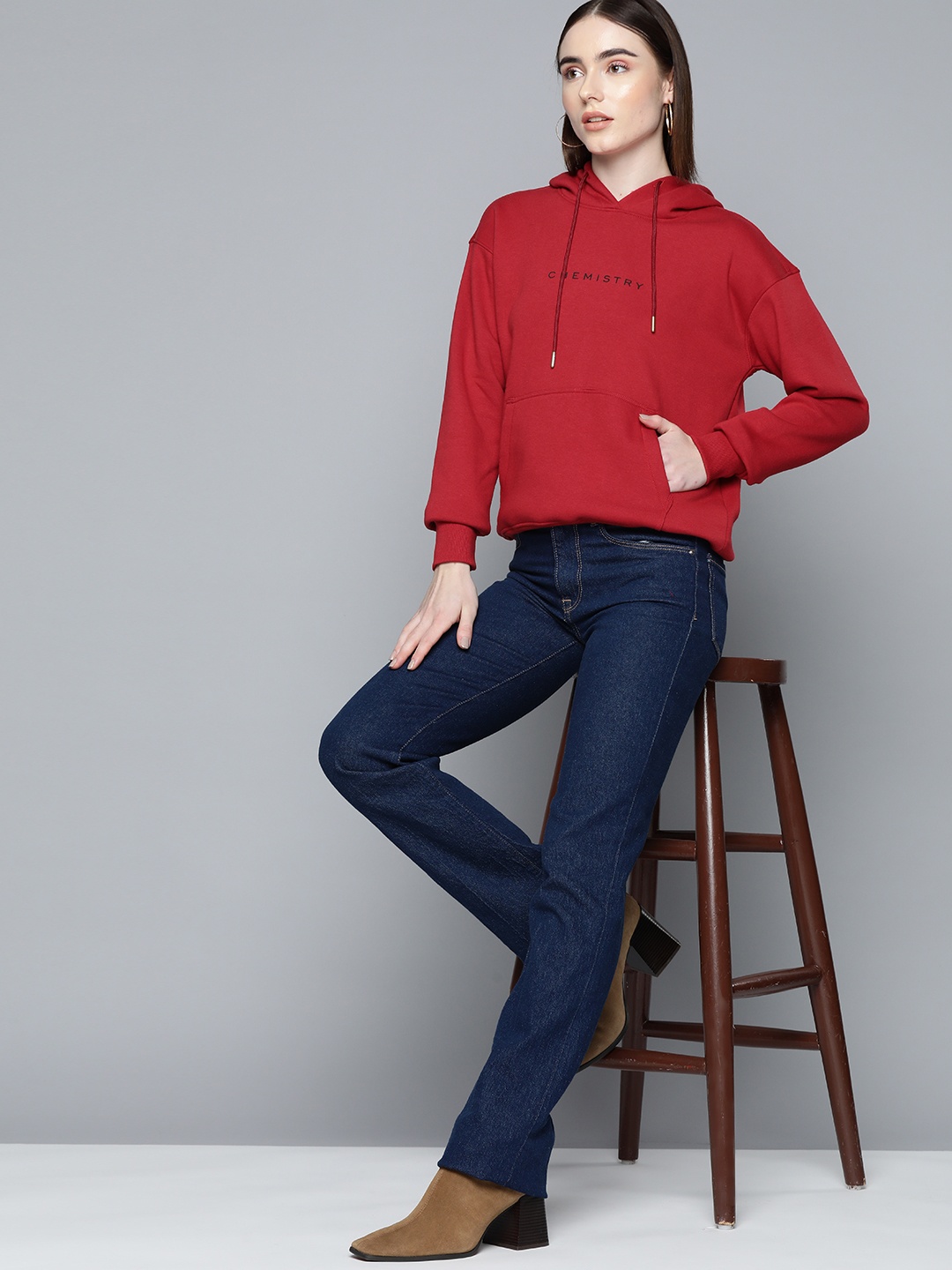 

Chemistry Women Maroon Solid Hooded Sweatshirt
