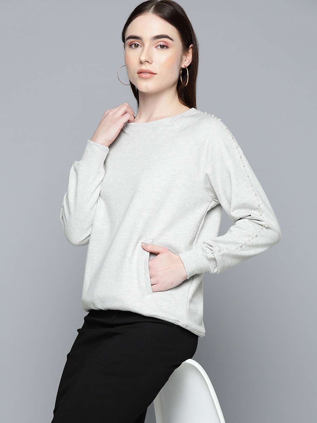 Chemistry Women Grey Melange Solid Sweatshirt