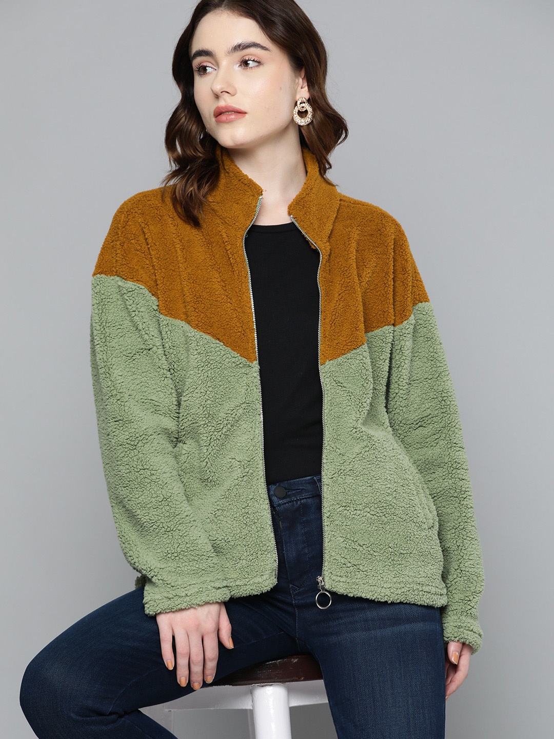 

Chemistry Women Green & Mustard Yellow Sherpa Colourblocked Sweatshirt