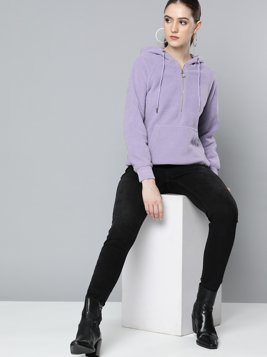 

Chemistry Women Lavender Solid Fleece Hooded Sweatshirt