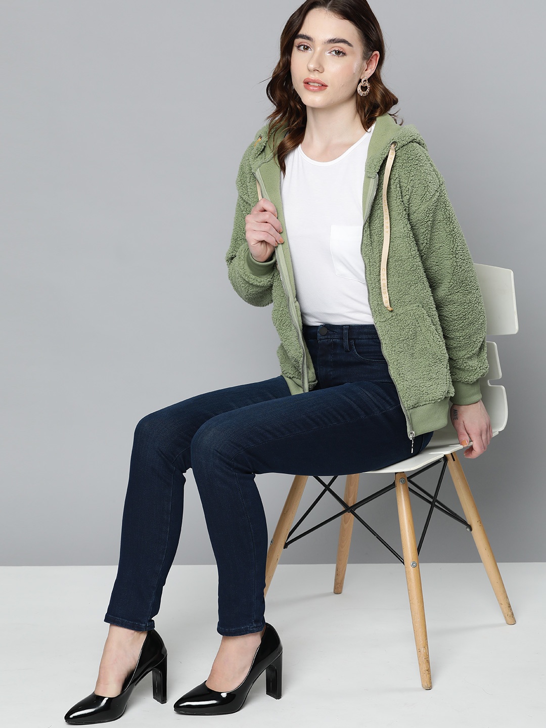 

Chemistry Women Green Sherpa Hooded Sweatshirt