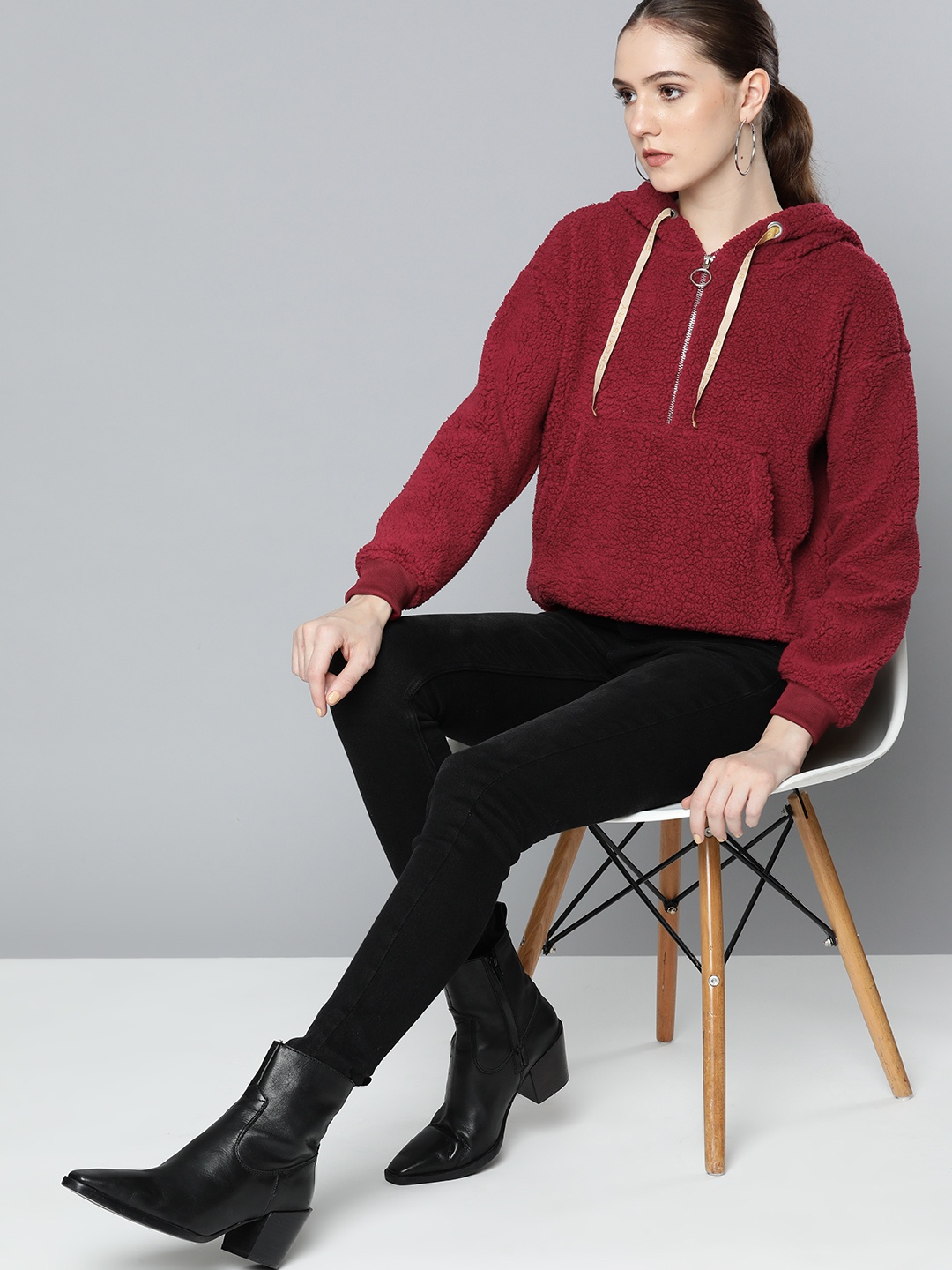 

Chemistry Women Red Solid Sherpa Hooded Sweatshirt