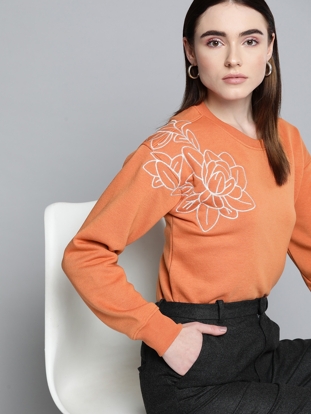 

Chemistry Women Rust Orange Floral Embroidered Fleece Sweatshirt