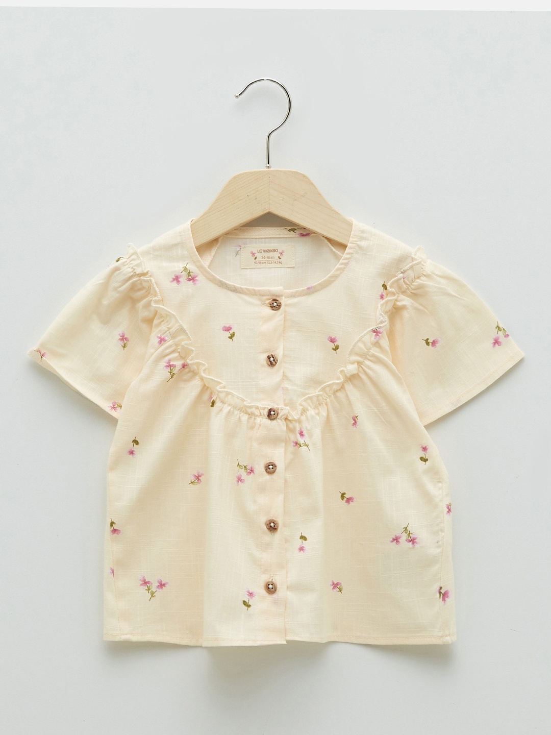 

LC Waikiki Girls Cream-Coloured & Pink Floral Print Pure Cotton Top