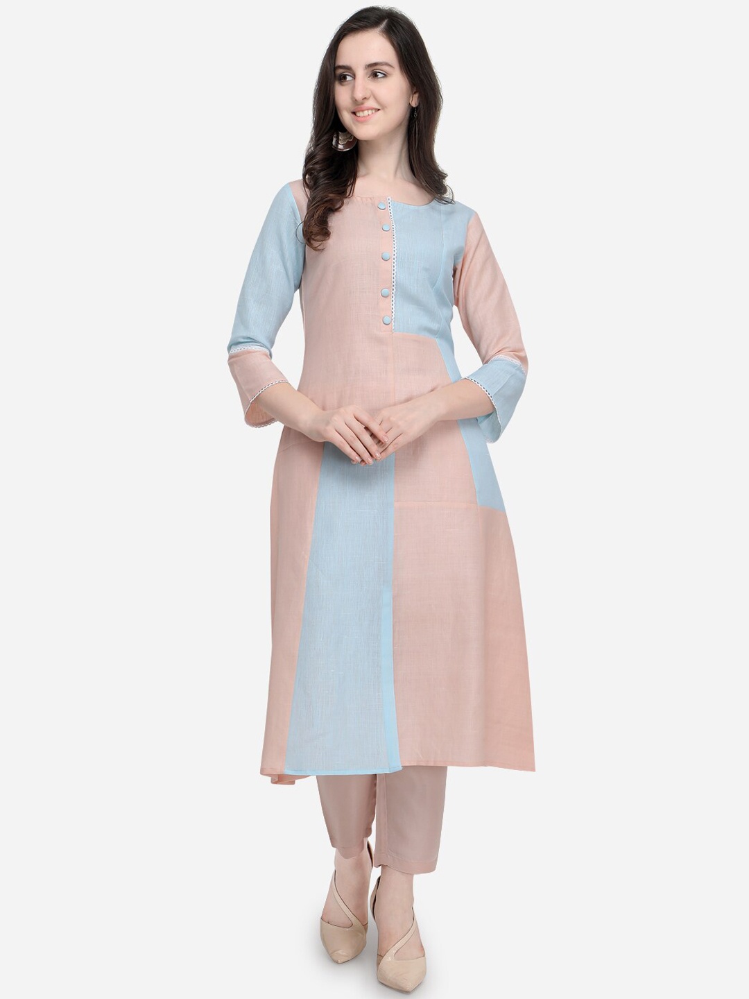 

Pure 9 Women Peach-Coloured Colourblocked Kurta