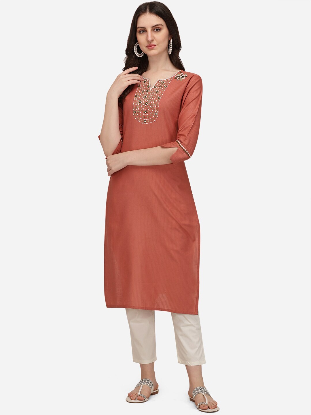 

Pure 9 Women Peach-Coloured Embroidered Keyhole Neck Thread Work Kurta