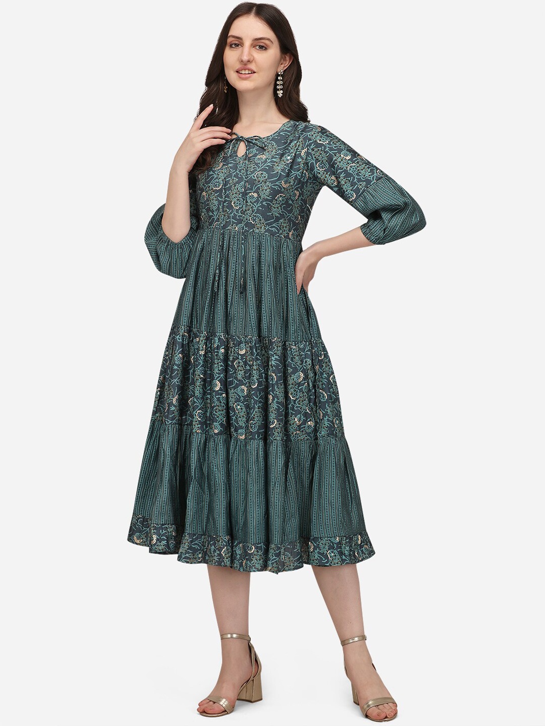 

Pure 9 Women Teal Ethnic Motifs Printed Flared Sleeves Chanderi Silk Anarkali Kurta