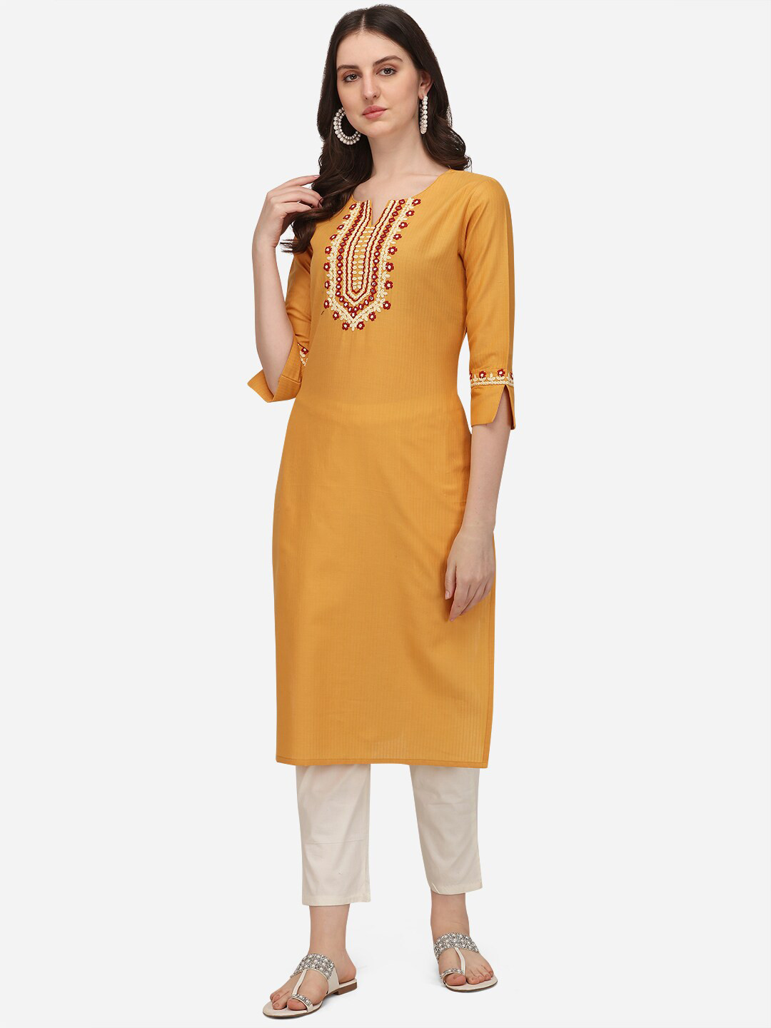 

Pure 9 Women Mustard Yellow Yoke Design Thread Work Kurta