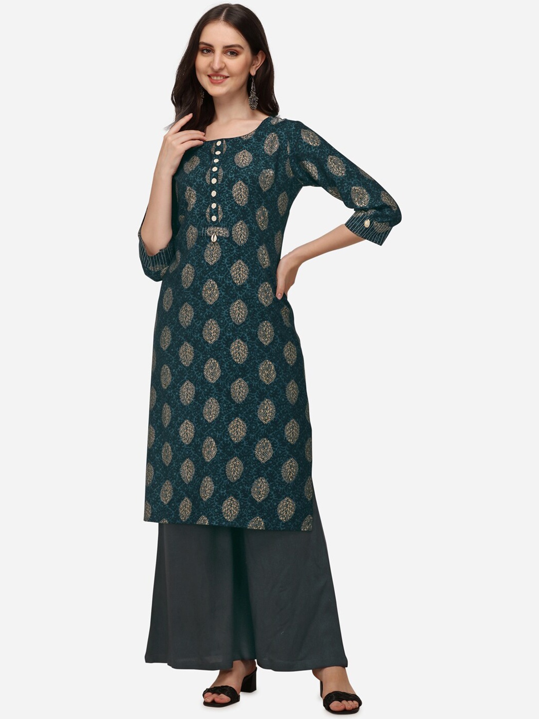 

Pure 9 Women Teal Ethnic Motifs Embellished Flared Sleeves Thread Work Kurta