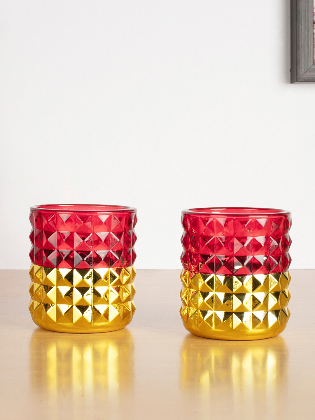 

HomeTown Set of 2 Red & Yellow Textured Glass Candle Holders