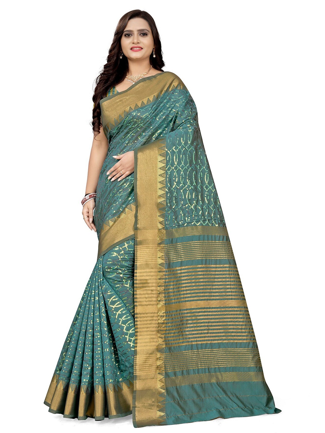 

KALINI Turquoise Blue & Gold-Toned Embellished Sequinned Silk Cotton Saree