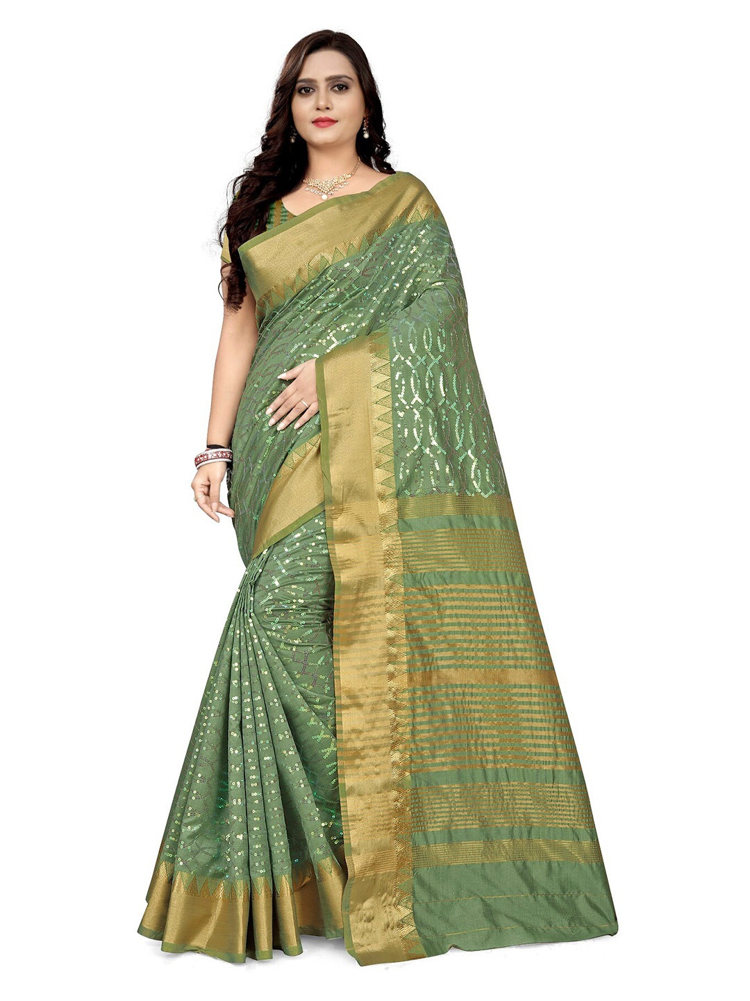

KALINI Green & Gold-Toned Embellished Sequinned Silk Cotton Saree