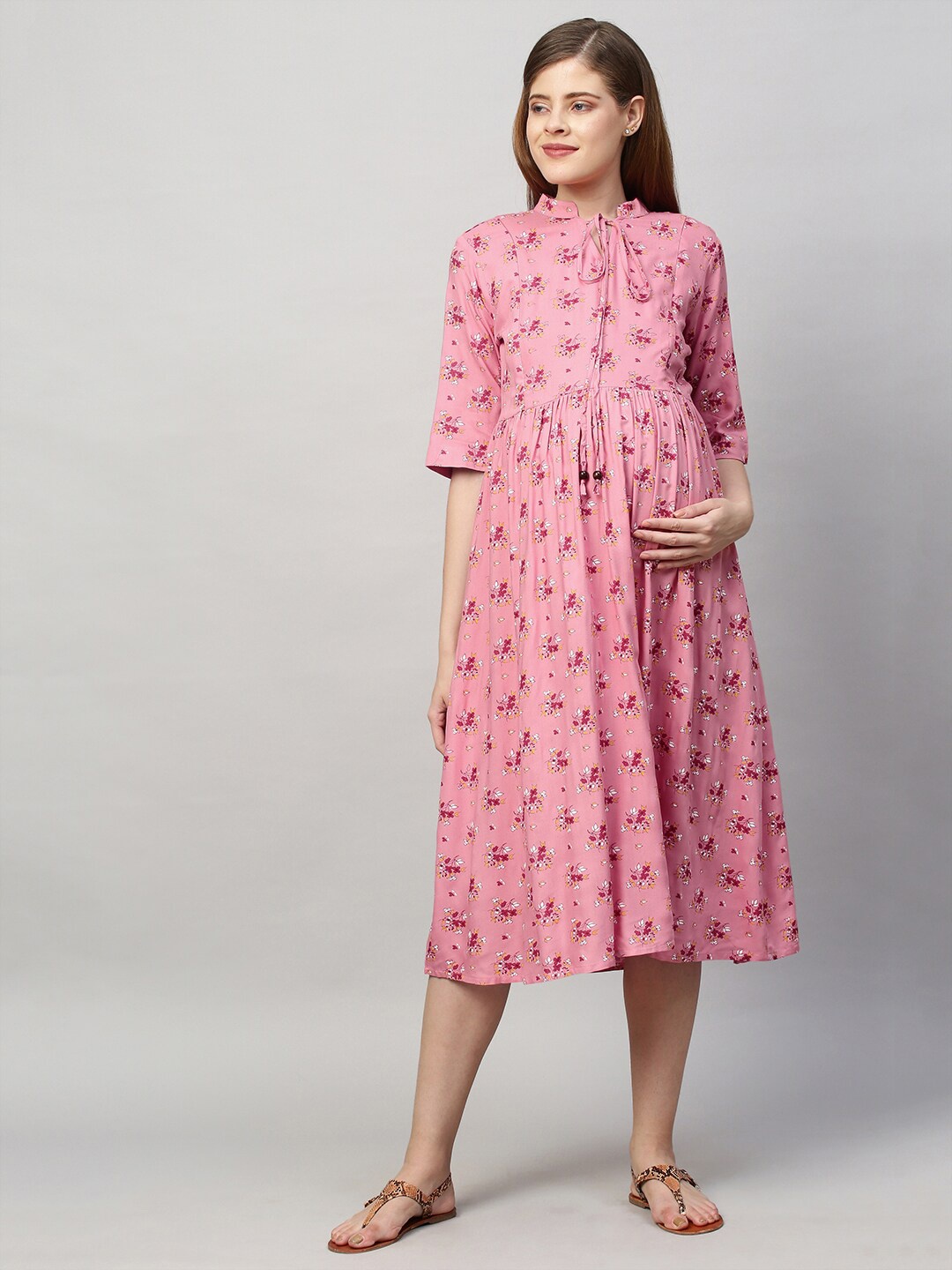 

MomToBe Pink Floral Empire Midi Maternity Nursing Sustainable Dress