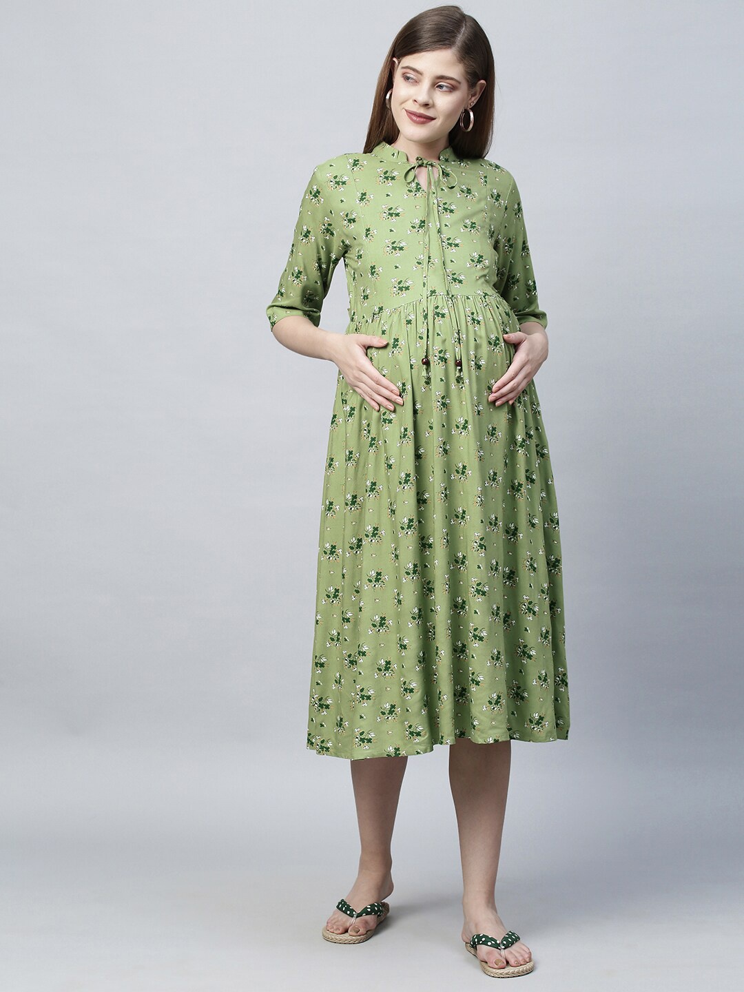 

MomToBe Green Floral Printed Maternity Nursing A-Line Midi Sustainable Dress