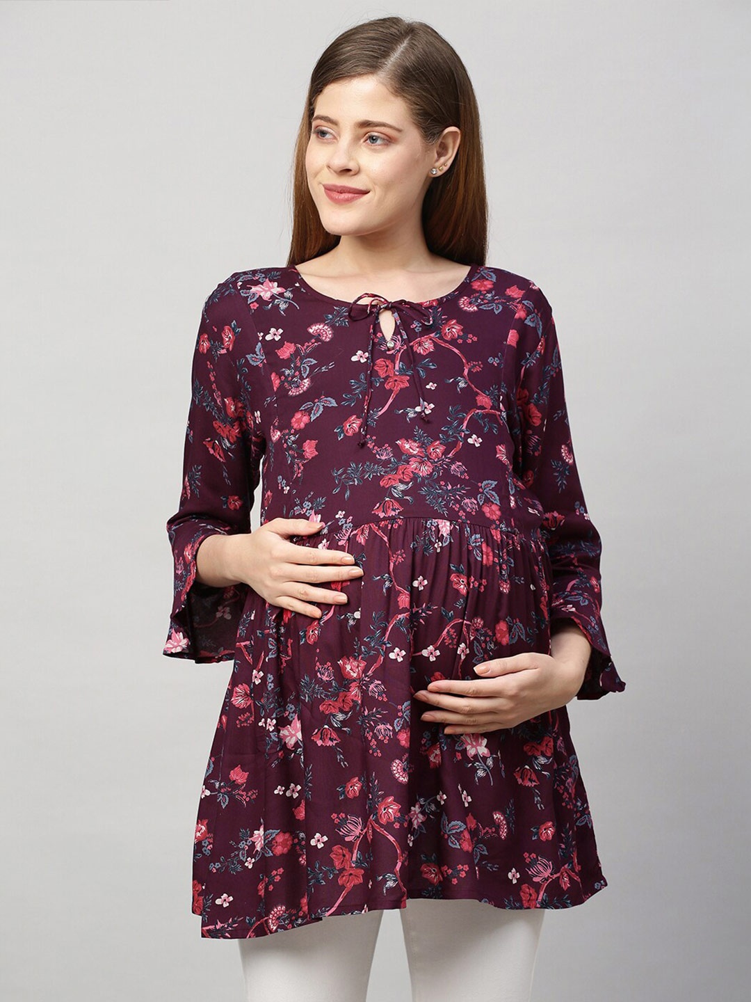 

MomToBe Purple Floral Print Longline Nursing Sustainable Top