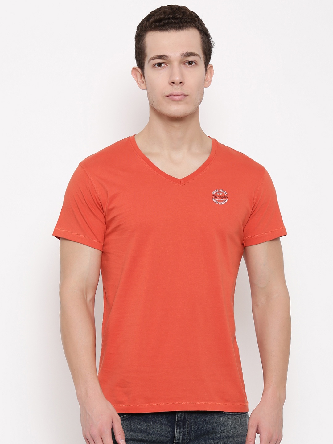

Wrangler Men Orange Solid V-Neck Pure Cotton T-shirt