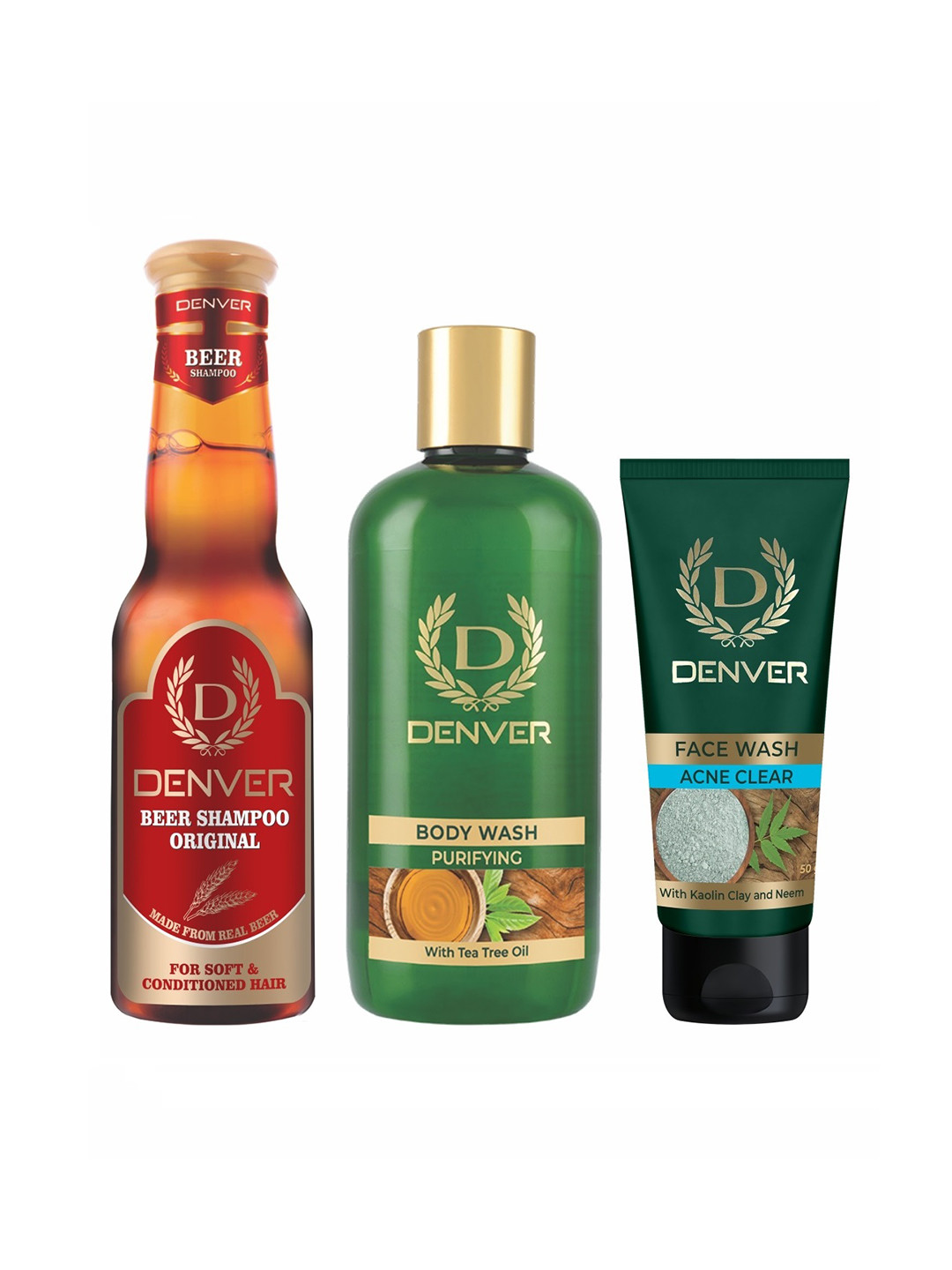

Denver Men Set of Beer Shampoo 200ml + Tea Tree Body wash 325ml + Acne Clear Face Wash 50g, Brown
