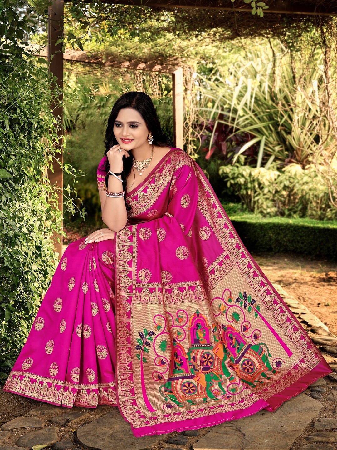 

KALINI Pink & Green Woven Design Zari Silk Blend Banarasi Saree