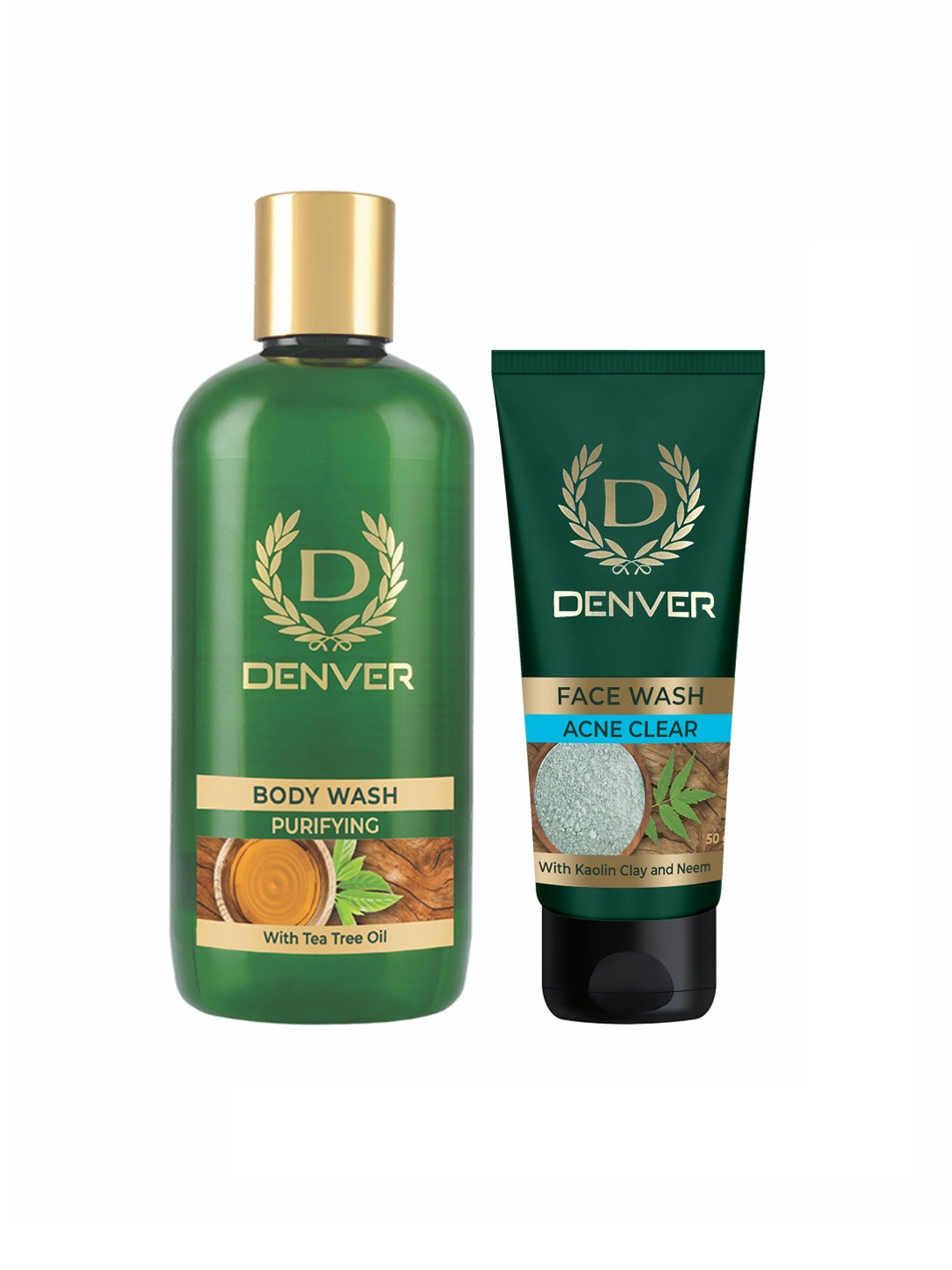 

Denver Men Set of Purifying Body Wash with Tea Tree Oil 325 ml & Acne Clear Face Wash 50 g, Green
