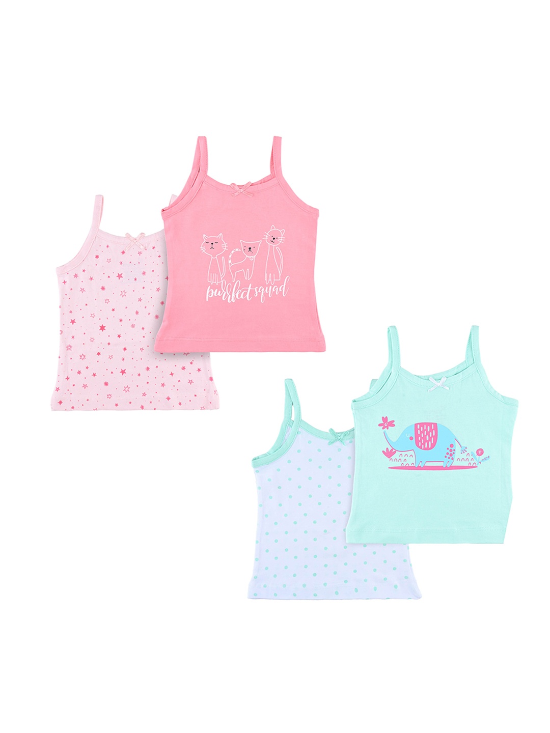 

Nuluv Girls Pack Of 4 Pink & Green Printed Pure Cotton Camisoles