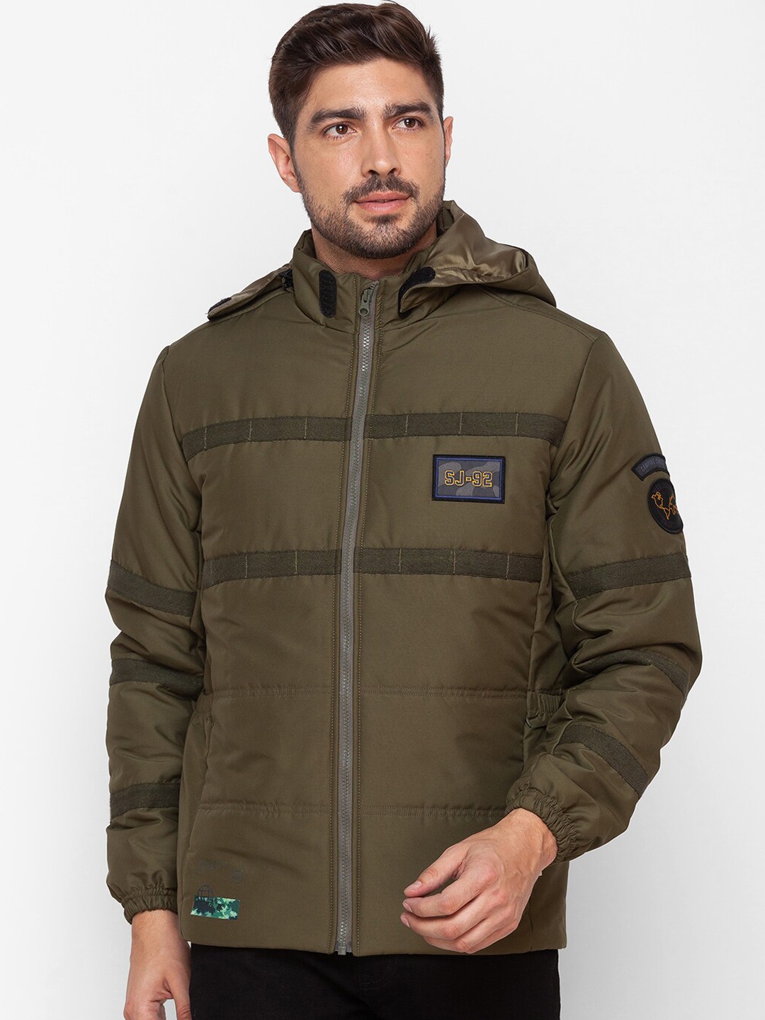 

SPYKAR Men Green Geometric Colourblocked Padded Jacket with Patchwork