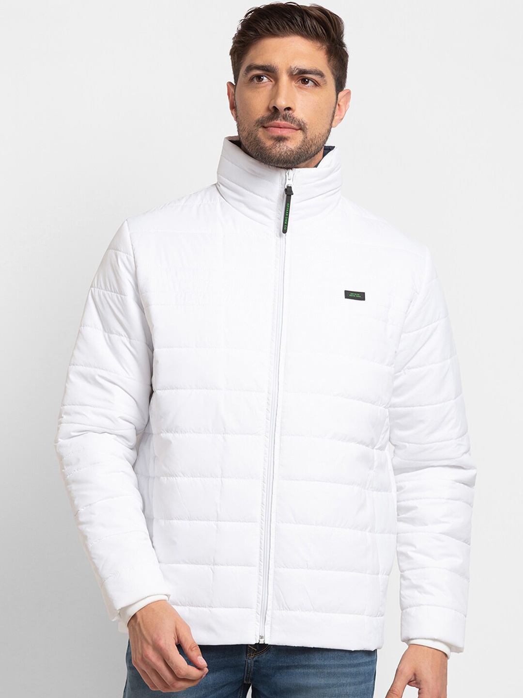 

SPYKAR Men White Geometric Colourblocked Puffer Jacket