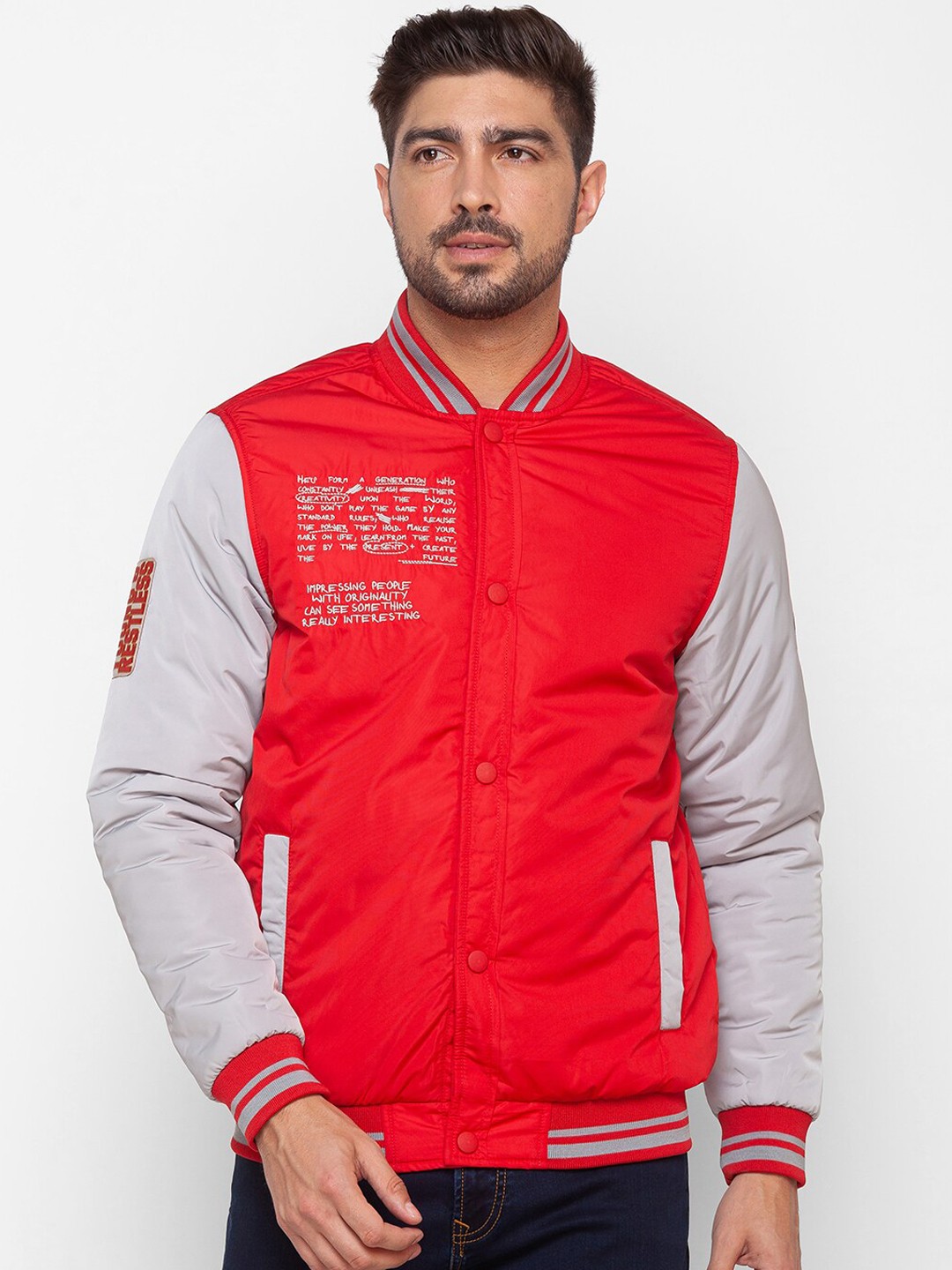 

SPYKAR Men Red Colourblocked Bomber with Embroidered Jacket