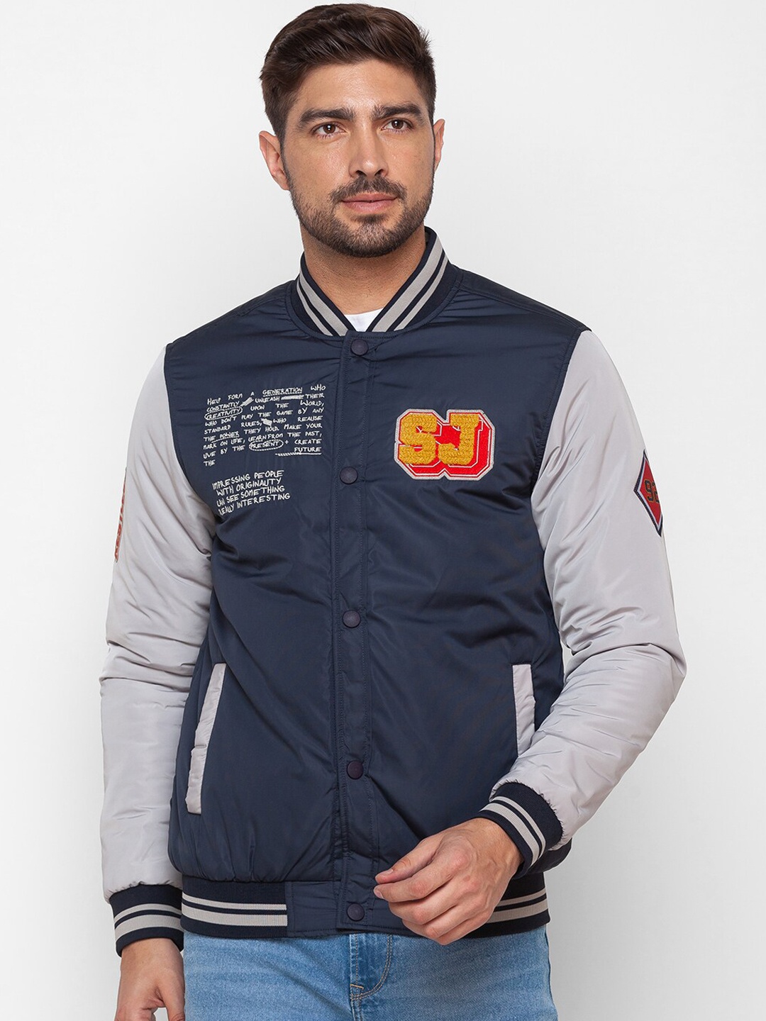 

SPYKAR Men Blue Colourblocked Bomber with Patchwork Jacket