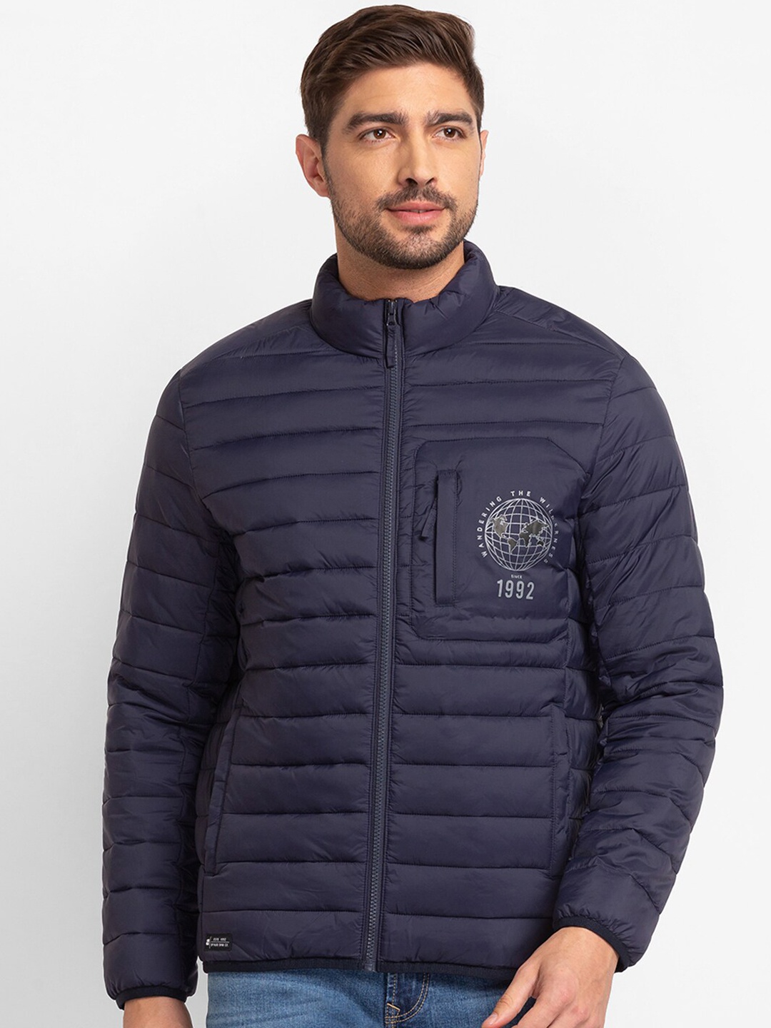 

SPYKAR Men Blue Geometric Puffer Jacket with Patchwork